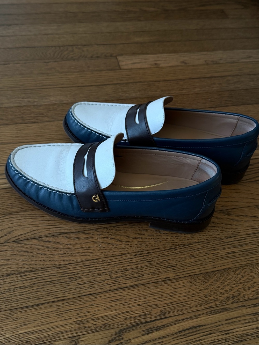 Leather two tone Penny Loafers in Navy, White & Brown